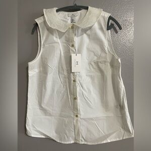 NWT HALSTON SLEEVELESS BUTTON DOWN WHITE SHIRT SIZE M lace collar